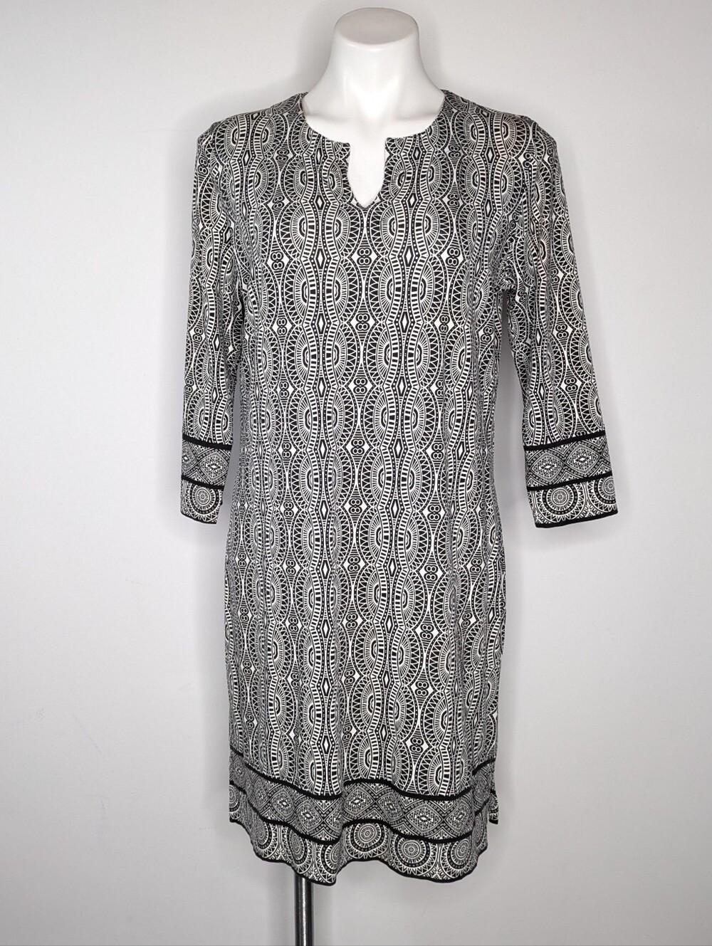 Coolibar Black White Geometric 3/4 Sleeve Cotton Blend Cover Up Dress M